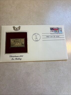 Christmas 1982 Ice Skating 20c Stamp FDC 22k Gold Plated Matching Stamp